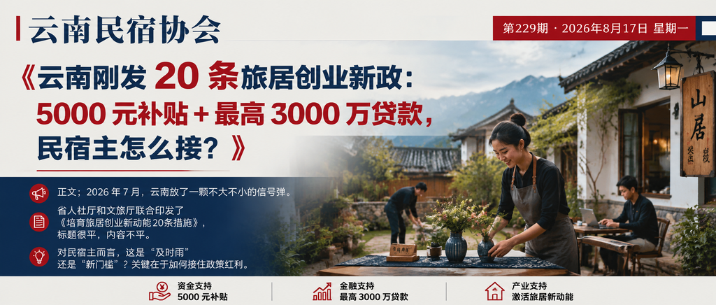云南刚发 20 条旅居创业新政：5000 元补贴 + 最高 3000 万贷款，民宿主怎么接？｜旅居创业、云岭创业贷