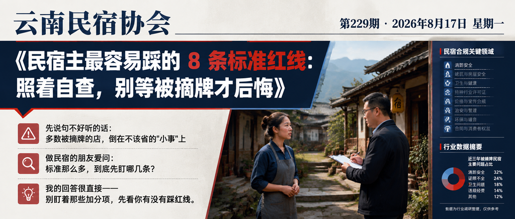 民宿主最容易踩的 8 条标准红线：照着自查，别等被摘牌才后悔｜云南民宿协会、贺双全会长