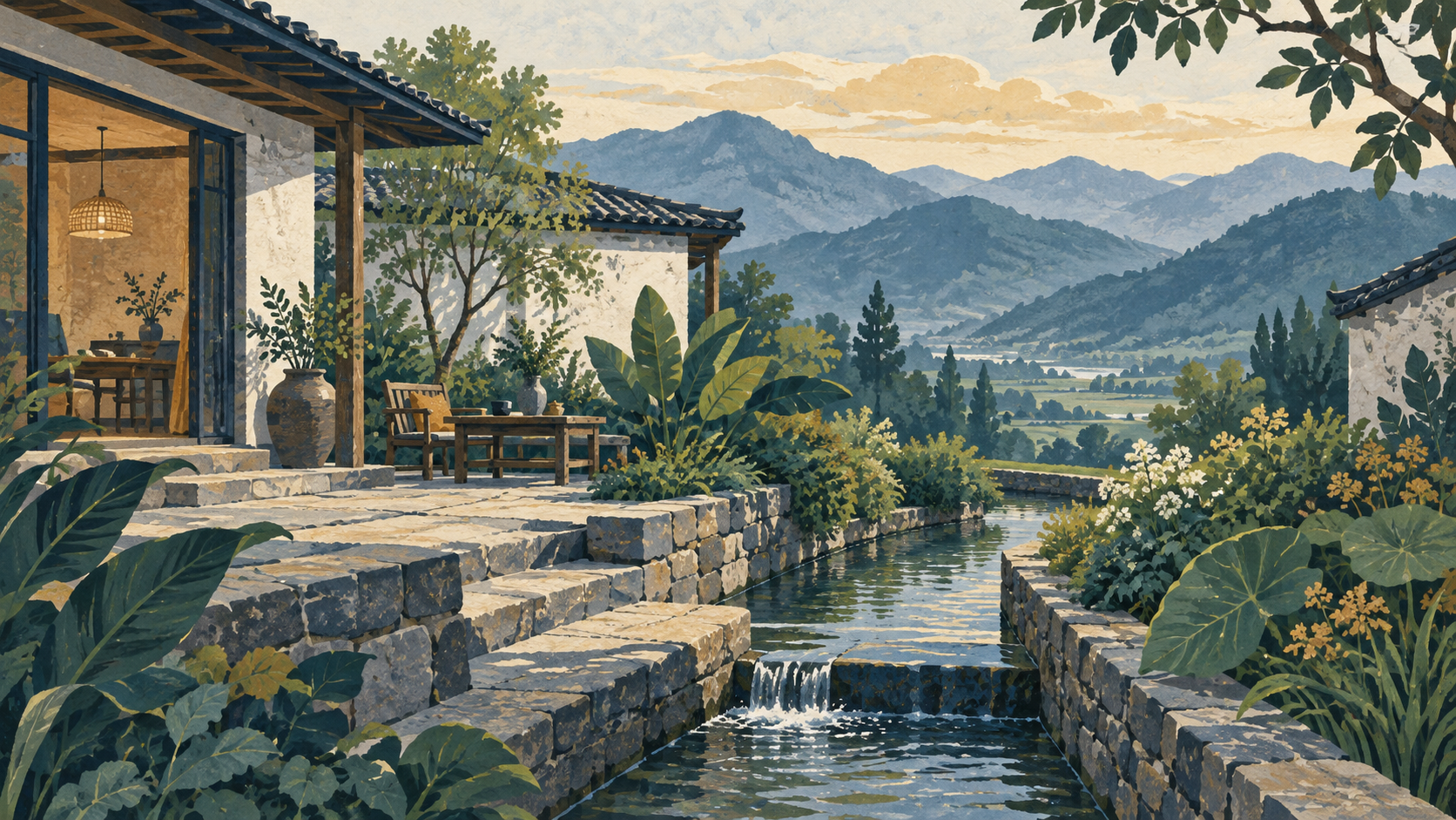 民宿环境治理主题插画：庭院、水渠与绿植